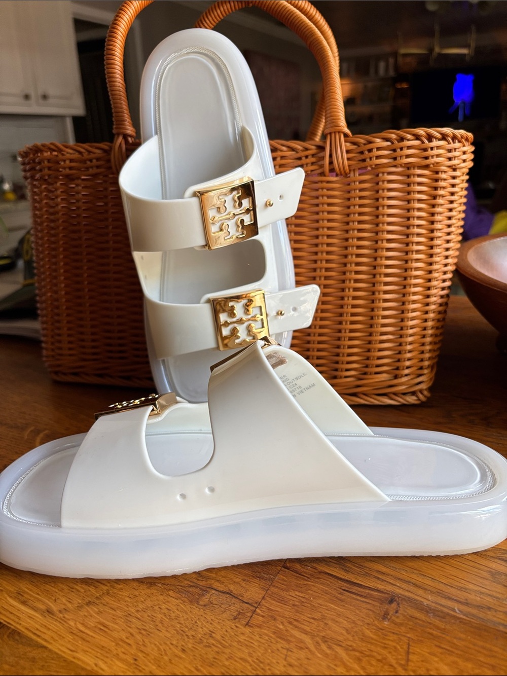 Tory Burch Double-Buckle Bibble Jelly Slide Sandals with Gold Logos Ivory - Picture 2 of 6